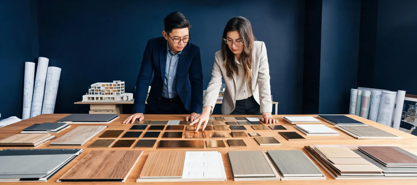 Design studio reviewing building panel samples