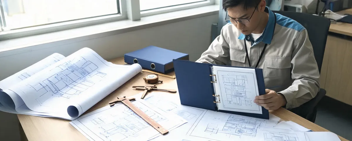 Engineer reviewing panel specification binder
